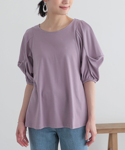 n'OrLABEL(ノアールレーベル)の「タックボリュームスリーブカットソー(Tシャツ/カットソー・レディース・ブラック/ネイビー/ラベンダー/オフホワイト・1/2)」の1枚目の写真