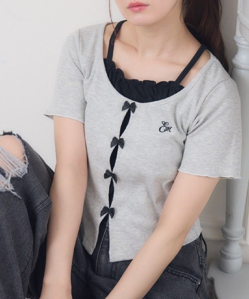 ems excite(エムズエキサイト)の「レイヤード風テレコCT(Tシャツ/カットソー・レディース・ピンク/ダークグレー/ブラック・FREE)」の2枚目の写真
