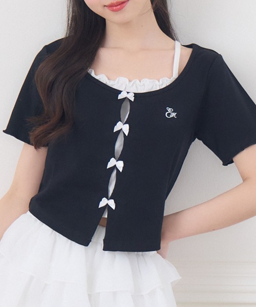 ems excite(エムズエキサイト)の「レイヤード風テレコCT(Tシャツ/カットソー・レディース・ピンク/ダークグレー/ブラック・FREE)」の1枚目の写真