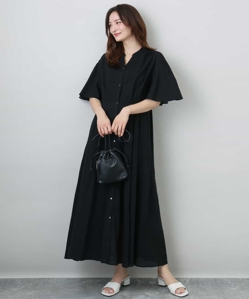 MK MICHEL KLEIN（エムケーミッシェルクラン）の「キーネックコットンワンピース/洗える（ワンピース・レディース・ブラック/モカ/イエロー系その他・38）」の2枚目の写真