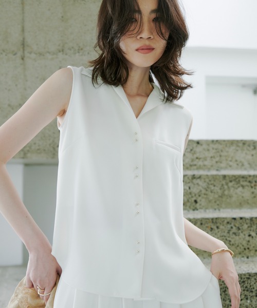 anuansホワイトs セール】ダブルサテンオープンカラーブラウス（シャツ/ブラウス