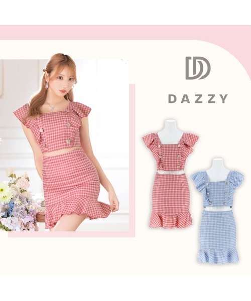 DAZZY(デイジー)の「【大人可愛いフリルセットアップ】清潔感と甘さを両立!スクエアチェック ダブルボタンビジュー フリル袖 マーメイドミニセットアップ(ドレス・レディース・ブルー/レッド・S/M/L)」の12枚目の写真
