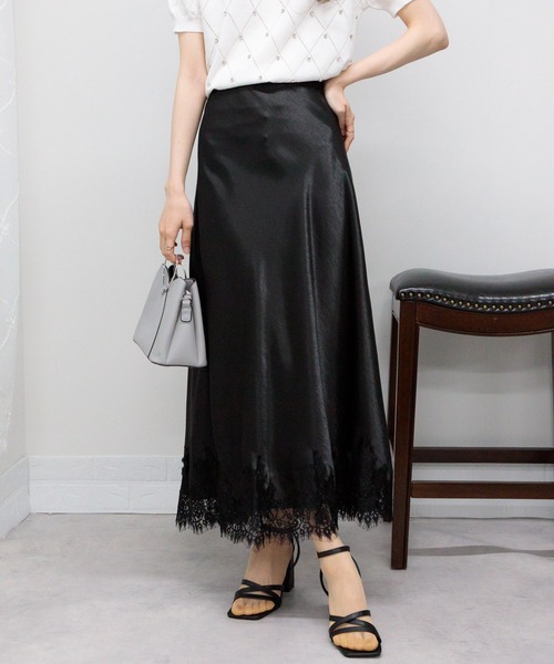 セール】裾レース サテンフレアロングスカート（スカート