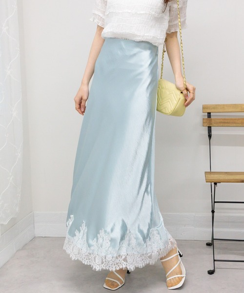 セール】裾レース サテンフレアロングスカート（スカート）｜pumpkin