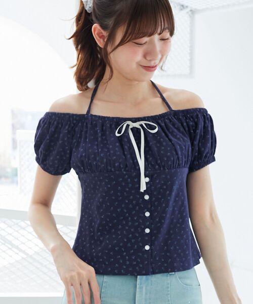 MAJESTIC LEGON（マジェスティックレゴン）の「リボン付きホルターネックカットソー（Tシャツ/カットソー・レディース・アイボリー/オフホワイト/ブラック系その他/ネイビー/ホワイト系その他・MEDIUM）」の21枚目の写真