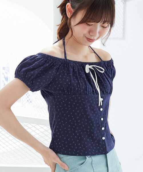 MAJESTIC LEGON（マジェスティックレゴン）の「リボン付きホルターネックカットソー（Tシャツ/カットソー・レディース・アイボリー/オフホワイト/ブラック系その他/ネイビー/ホワイト系その他・MEDIUM）」の22枚目の写真