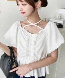 極美品♡エムプルミエ　クチュール　フリルネック 半袖ニット ホワイト フリルネック」に該当するホワイト/白色系のファッション通販