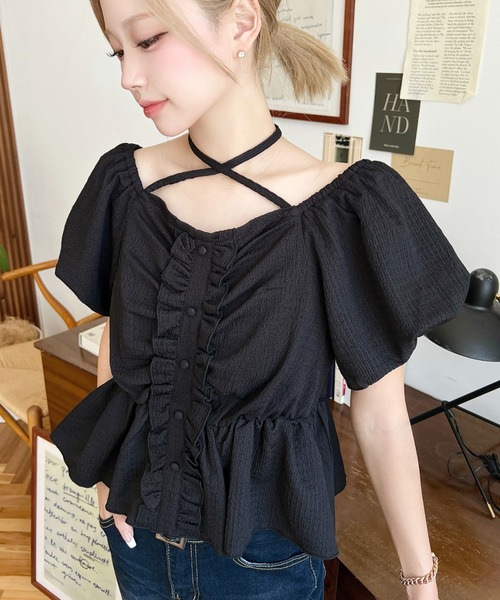 セール】クロスネックフロントフリルペプラム半袖トップス（Tシャツ