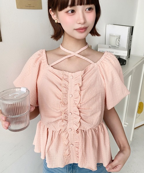 セール】クロスネックフロントフリルペプラムトップス（Tシャツ