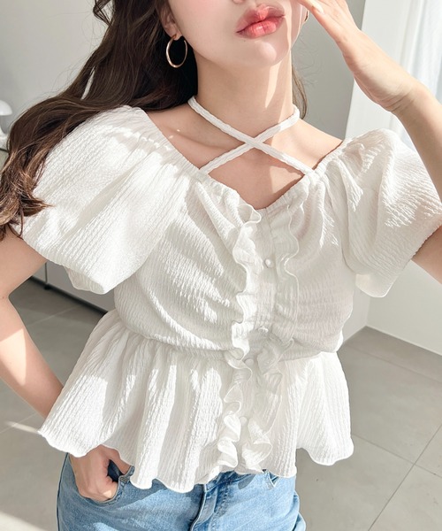 セール】クロスネックフロントフリルペプラム半袖トップス（Tシャツ