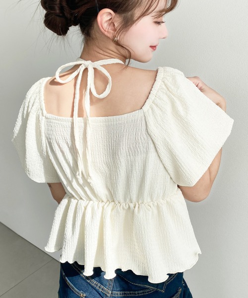 セール】クロスネックフロントフリルペプラム半袖トップス（Tシャツ