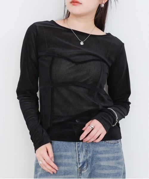 Bab(バブ)の「シアーベロアビスチェドッキングプルオーバー(Tシャツ/カットソー・レディース・ブラック/グレー/ブラウン/オフホワイト・M)」の3枚目の写真