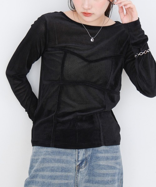 Bab(バブ)の「シアーベロアビスチェドッキングプルオーバー(Tシャツ/カットソー・レディース・ブラック/グレー/ブラウン/オフホワイト・M)」の6枚目の写真