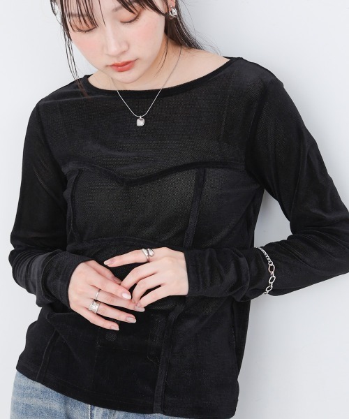 Bab(バブ)の「シアーベロアビスチェドッキングプルオーバー(Tシャツ/カットソー・レディース・ブラック/グレー/ブラウン/オフホワイト・M)」の9枚目の写真