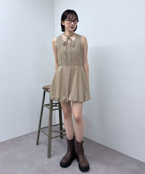 最終値下げブラウンチェック柄ミニワンピースBalloon Tunic ブラウンチェックプリーツミニワンピース | mignon ange