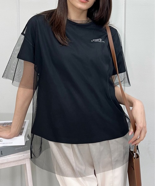 &soiree(アンドソワレ)の「ロゴT×チュールT コンパクトアンサンブル(Tシャツ/カットソー・レディース・ブラック/オフホワイト・FREE)」の2枚目の写真