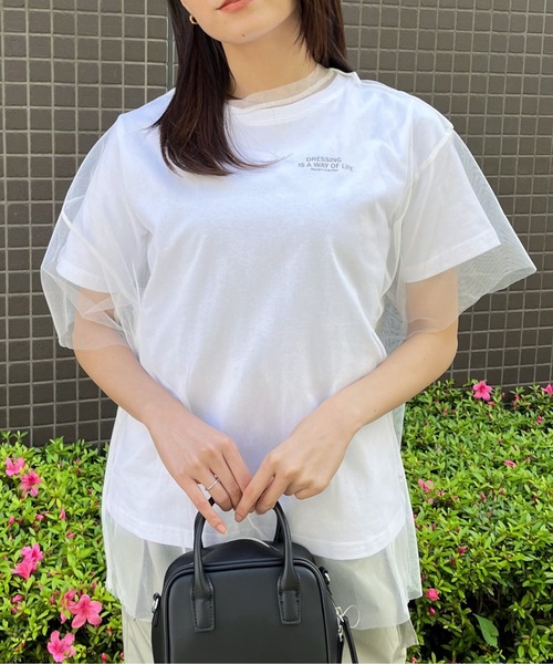 &soiree(アンドソワレ)の「ロゴT×チュールT コンパクトアンサンブル(Tシャツ/カットソー・レディース・ブラック/オフホワイト・FREE)」の3枚目の写真