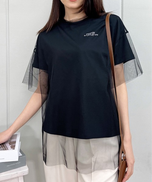 &soiree(アンドソワレ)の「ロゴT×チュールT コンパクトアンサンブル(Tシャツ/カットソー・レディース・ブラック/オフホワイト・FREE)」の9枚目の写真