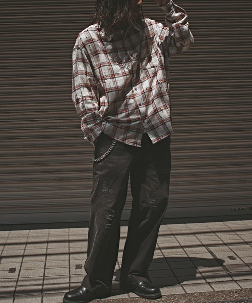 ダメージ加工 ブラック・ホワイト チェックシャツ ダメージ加工 オンブレチェックシャツ（シャツ／ブラウス）｜B.C