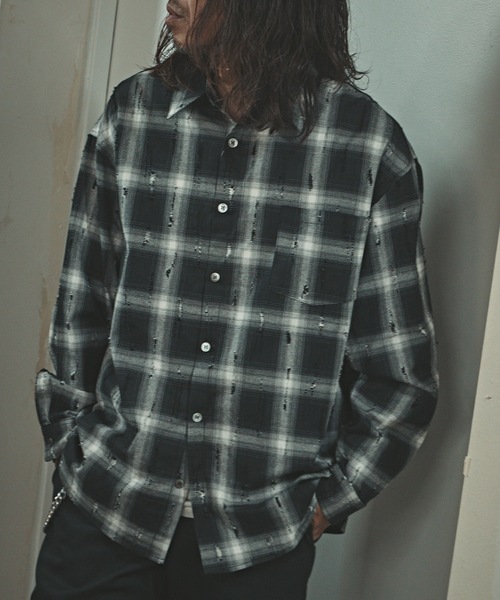 ダメージ加工 ブラック・ホワイト チェックシャツ セール】ダメージ加工 チェックシャツ（シャツ/ブラウス）｜ALL RUNS