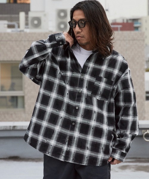 ダメージ加工 ブラック・ホワイト チェックシャツ セール】ダメージ加工 チェックシャツ（シャツ/ブラウス）｜ALL RUNS