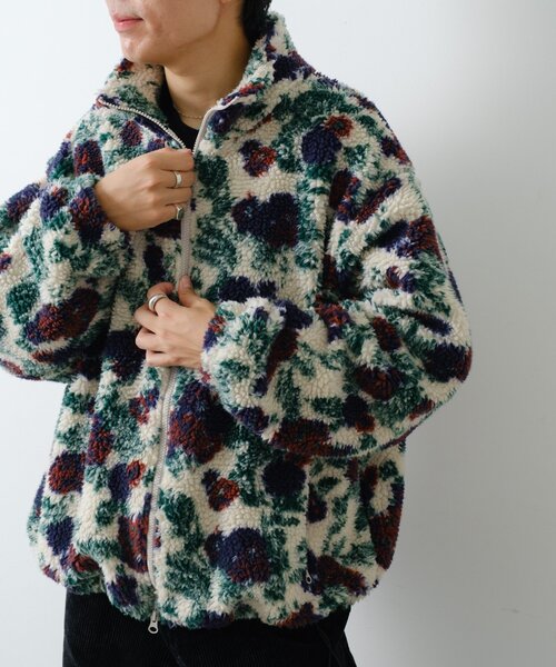 UNISEX】レトロフローラルパターンボアジャケット（ブルゾン