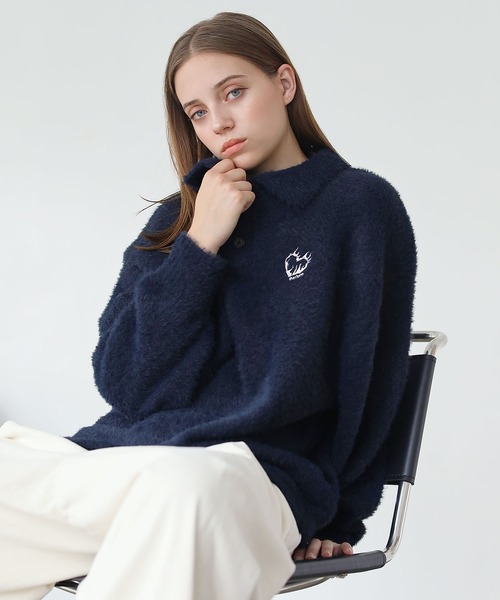 ハートロゴ刺繍シャギーニットポロ（ニット/セーター）｜ROCHEM