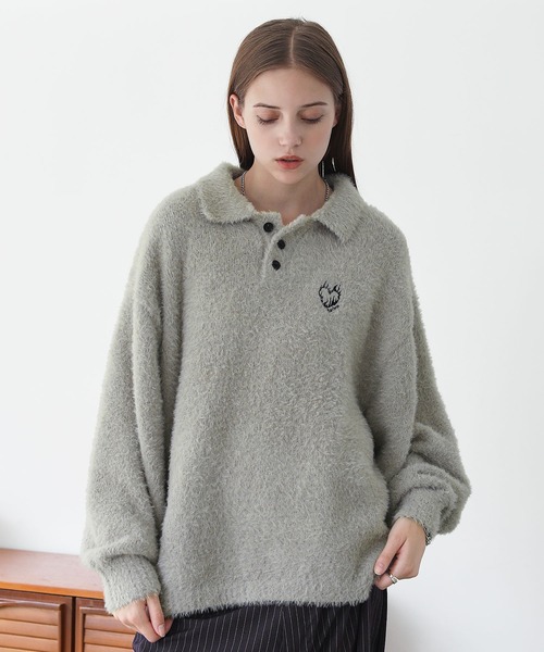 ハートロゴ刺繍シャギーニットポロ（ニット/セーター）｜ROCHEM