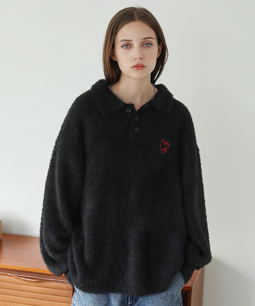 ハートロゴ刺繍シャギーニットポロ（ニット/セーター）｜ROCHEM