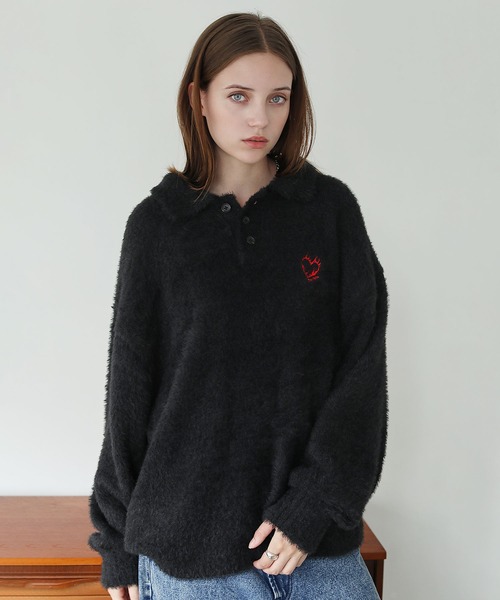 RASSVET ハート ニットポロ シャツ 新品同様 ローズ着用モデル　Mサイズ ROCHEM（ローシェン） セーター ニット ハートロゴ刺繍シャギー