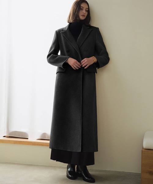 即完 新品ウールブレンド ダブルブレスト ロングチェスターコートブラック CLEL（クレイル） チェスターコート コート 「CLEL」Wool Blend Tech