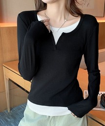 レイヤード風Tシャツ スリットネック秋服