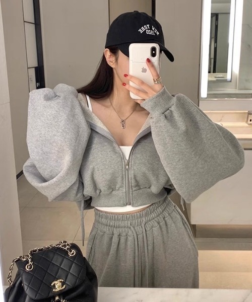 クロップド丈 フーディースウェット ジップアップ セットアップ