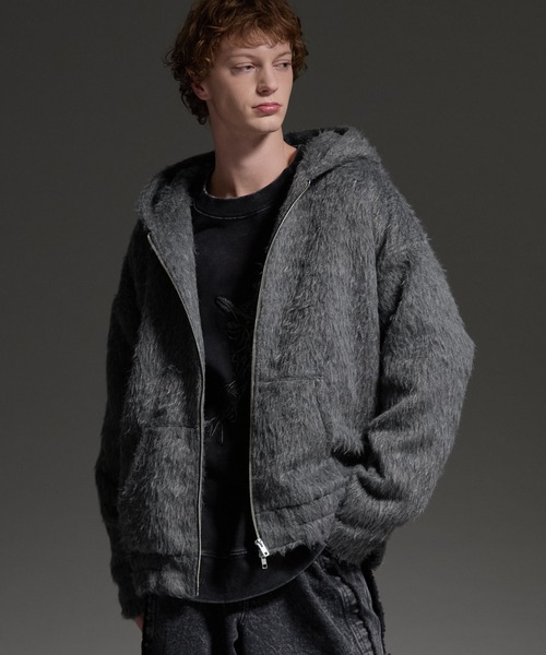 cussil（クシル）の「【cussil/クシル】ダブルジップパーカーシャギーショート丈ブルゾンジャケット（パーカー・メンズ・グレー/ブラック・S/L/M）」の2枚目の写真