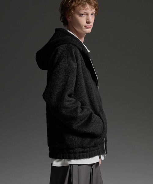 【美品】ブルゾン、ジョニーウルフ、パーカー付き、黒、ダブルジッパー、秋冬、春 cussil/クシル】ダブルジップパーカーシャギーショート丈ブルゾン