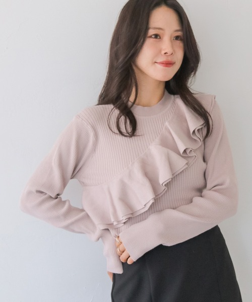 HER CLOSET】フリルアシンメトリーハイゲージニットトップス FRILL