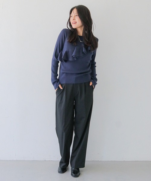HER CLOSET(ハークローゼット)の「【HER CLOSET】フリルアシンメトリーハイゲージニットトップス FRILL ASYMMETRIC HIGH GAUGE KNIT TOP(ニット/セーター・レディース・ネイビー/オフホワイト/ブラック/スモークピンク・MEDIUM)」の13枚目の写真