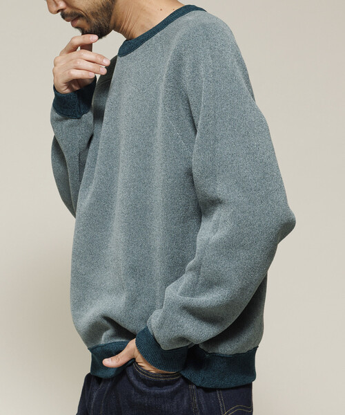 セール】リバーシブル Wフェイス 配色 モールクルーネックニット