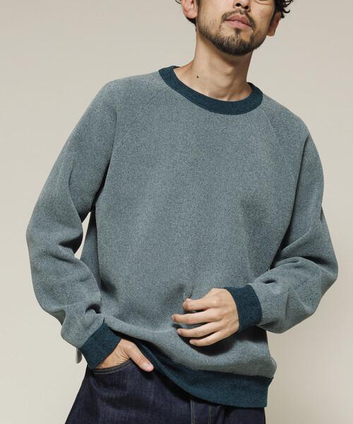 セール】リバーシブル Wフェイス 配色 モールクルーネックニット