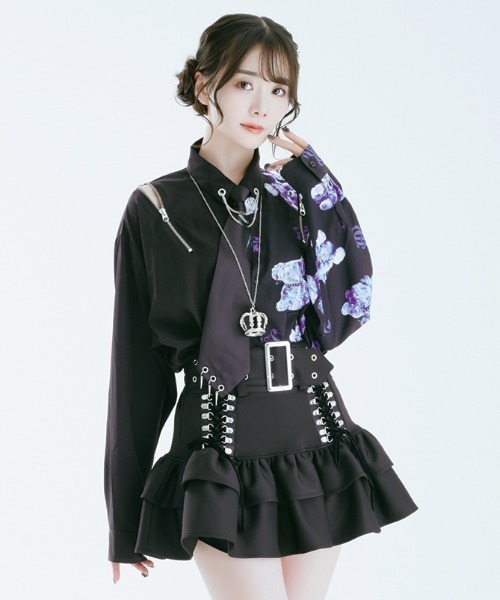 TRAVAS TOKYO（トラバス トウキョウ）の「『TRAVAS TOKYO/トラバス トーキョー』バイカラーくまプリントネクタイ付きシャツ（シャツ/ブラウス・レディース・ブラック×パープル/ブラック×ホワイト・FREE）」の7枚目の写真