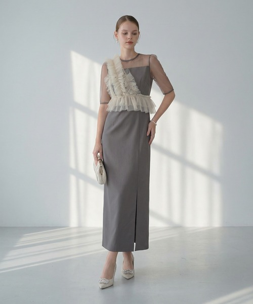 アシンメトリーフリルチュールIラインワンピースドレス結婚式パーティー成人式二次会 LEJA】アシンメトリーフリルチュールIラインワンピースドレス2点セット