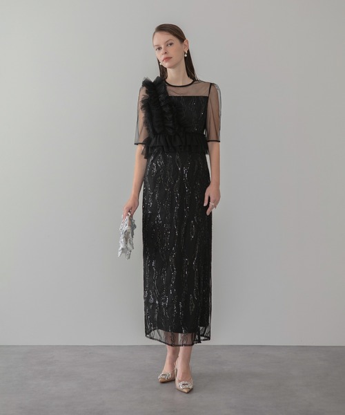 アシンメトリーフリルチュールIラインワンピースドレス結婚式パーティー成人式二次会 セール】【LEJA】アシンメトリーフリルチュールIラインワンピース