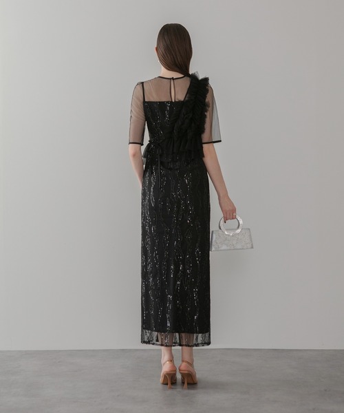 セール】【LEJA】アシンメトリーフリルチュールIラインワンピース