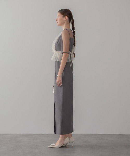 LEJA】アシンメトリーフリルチュールIラインワンピースドレス2点セット