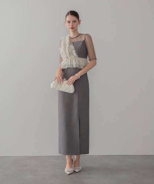 LEJA】アシンメトリーフリルチュールIラインワンピースドレス2点セット