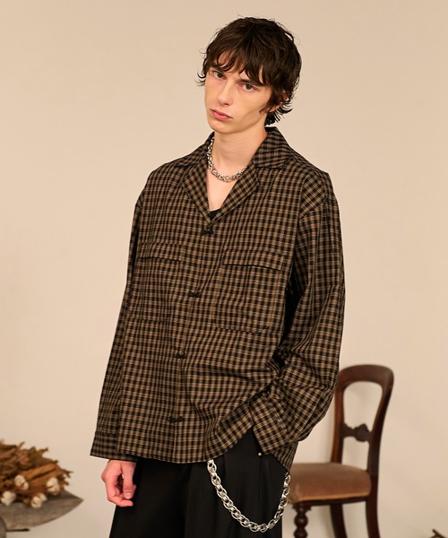 セール】Grid Check Open Collar Shirt/グリッドチェックオープン