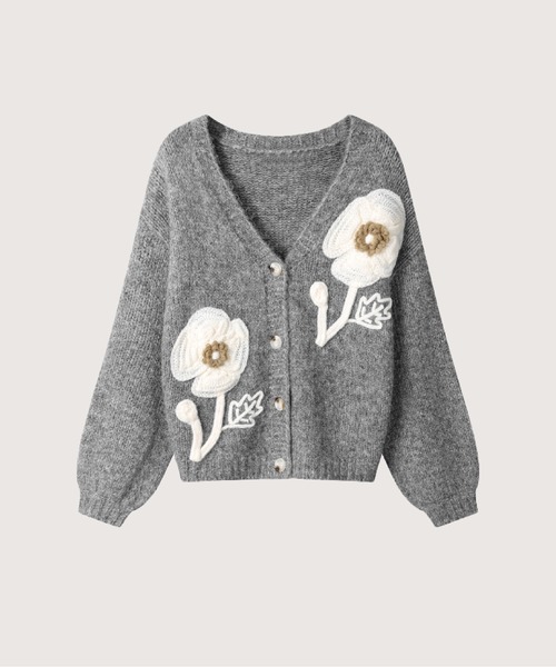 LA POMME jours(ラポミ・ジュール)の「Knitting Flower Jacquard Cardigan(カーディガン/ボレロ・レディース・グレー/アイボリー・FREE)」の1枚目の写真