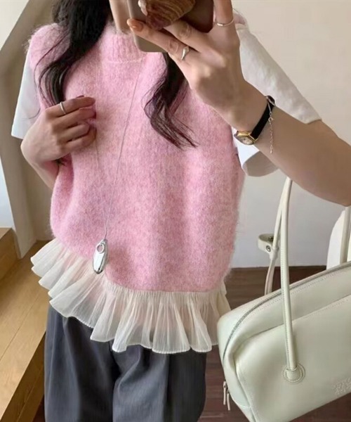 Miniministore(ミニミニストア)の「ニットベスト レディースチョッキ 重ね着(ベスト・レディース・グレー/ピンク/アイボリー・FREE)」の3枚目の写真