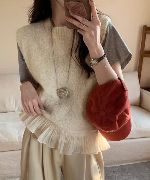 Miniministore(ミニミニストア)の「ニットベスト レディースチョッキ 重ね着(ベスト・レディース・グレー/ピンク/アイボリー・FREE)」の4枚目の写真