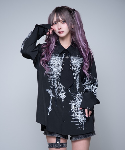 REFLEM（レフレム）の「『REFLEM/レフレム』ネクタイ付きプリントシャツ（シャツ/ブラウス・レディース・ホワイト/ブラック・FREE）」の7枚目の写真